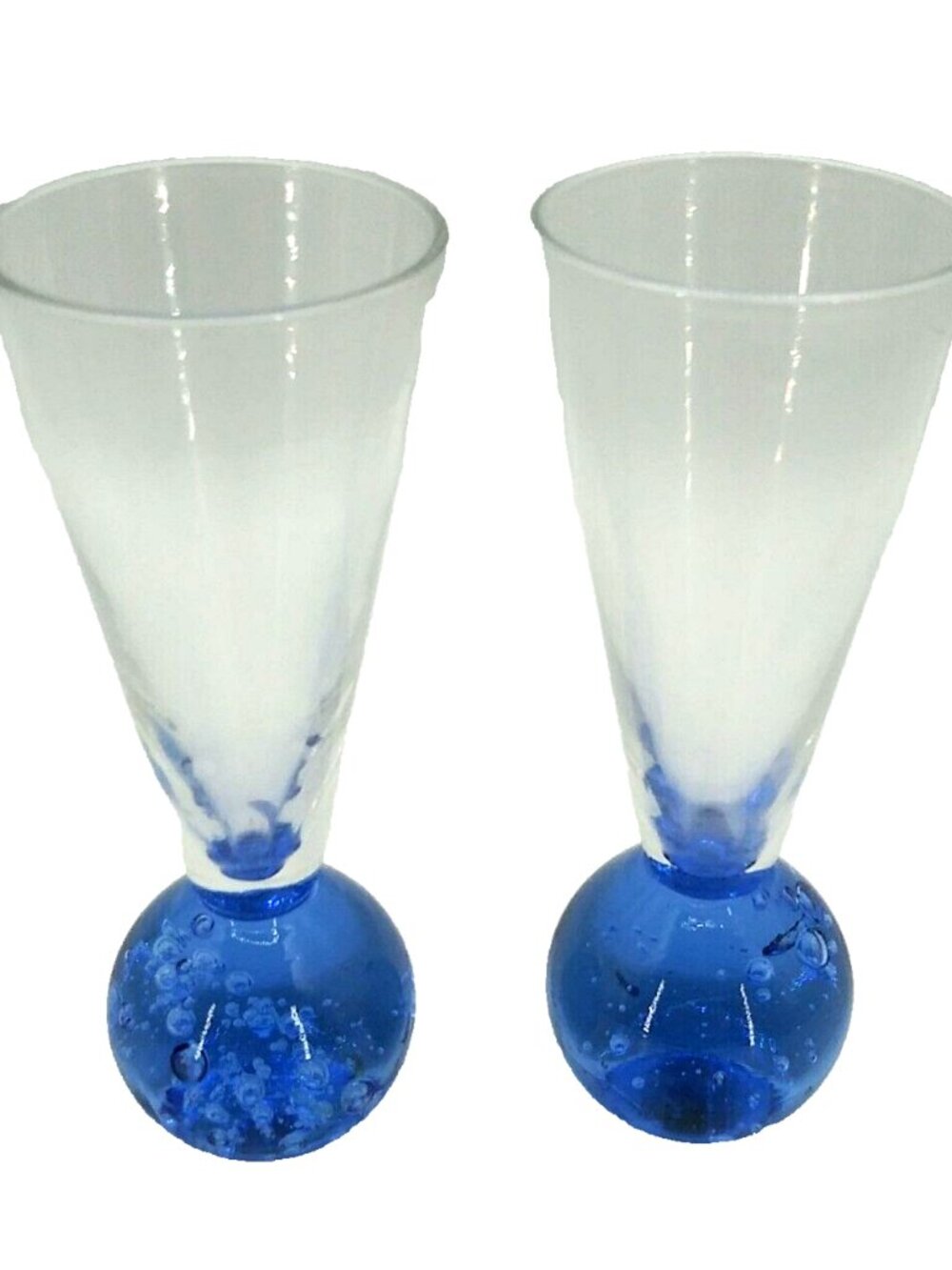 2 PC Vintage Hand Blown Blue Controlled Bubble Bottom Ball 4.5" Shot Glasses